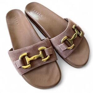 Boden Iris Snaffle Suede Brown Sandals Slides Horse bit Gold 42 10.5 Flip Flops